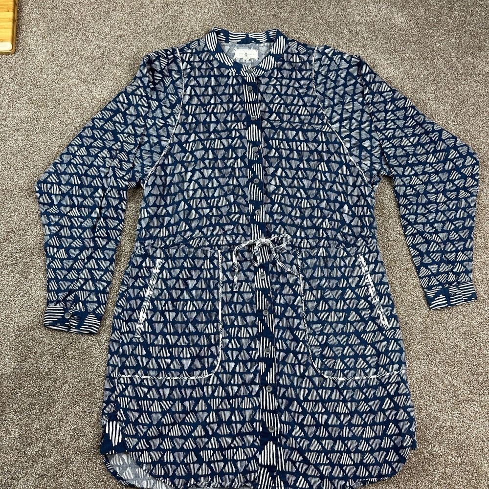 Lou & Grey by Loft XXS Blue Geometric Lyocell Waist Drawstring Shirt Dress